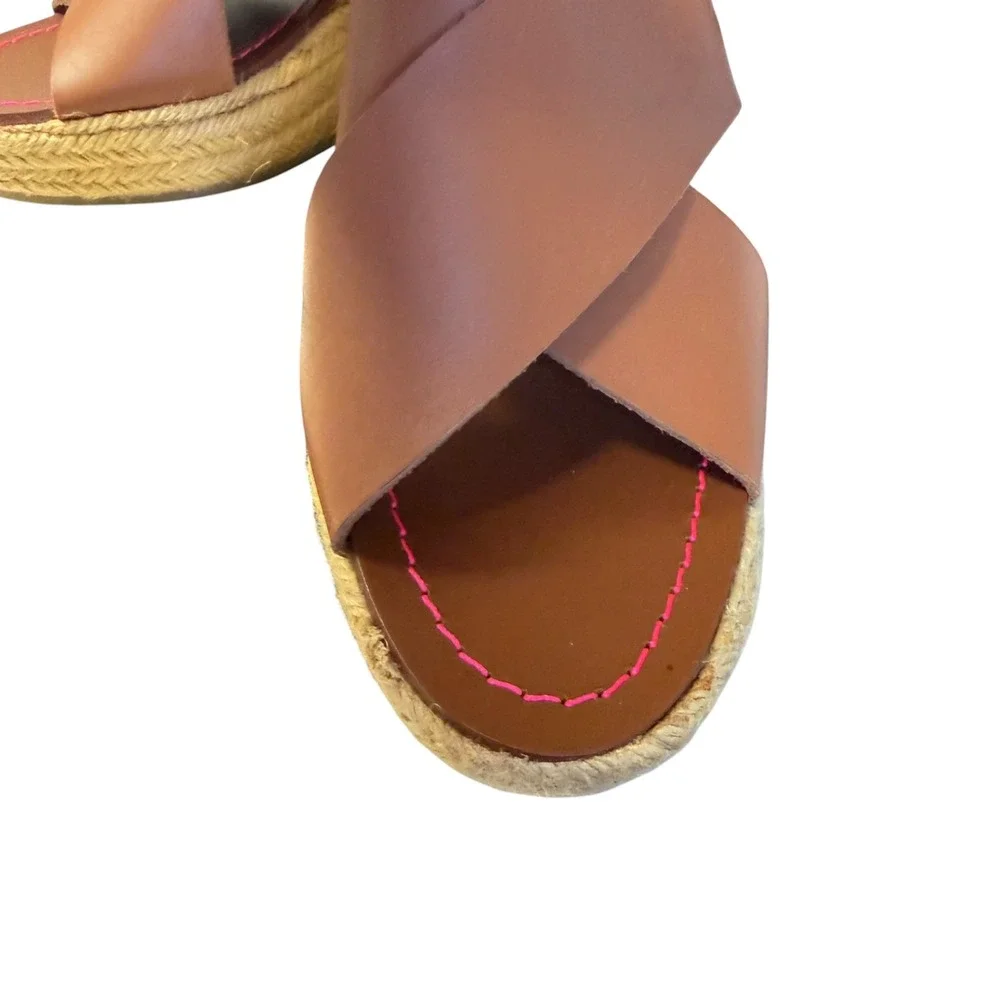 Boden Tan Leather Espadrille Wedge Sandals Slingback Brown Pink Stitch 40 9.5